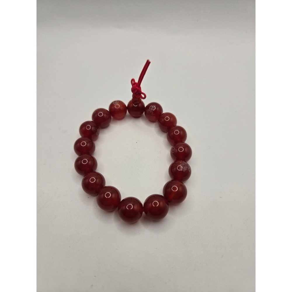 Red Carnelian Agate Lotus Etched Buddhist Prayer Bead Stretch Bracelet 6.75in